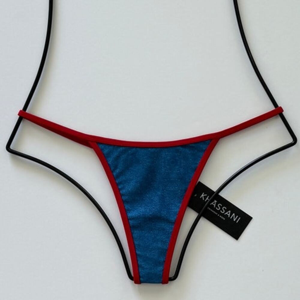 Khassani Swim Tiny Tanga Bikini Bottom -Jean / Rouge - M - NWT